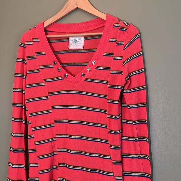 Y2K VTG Free People Striped Sweater V-Neck Cotton Long Sleeve Sz L - Picture 2 of 8